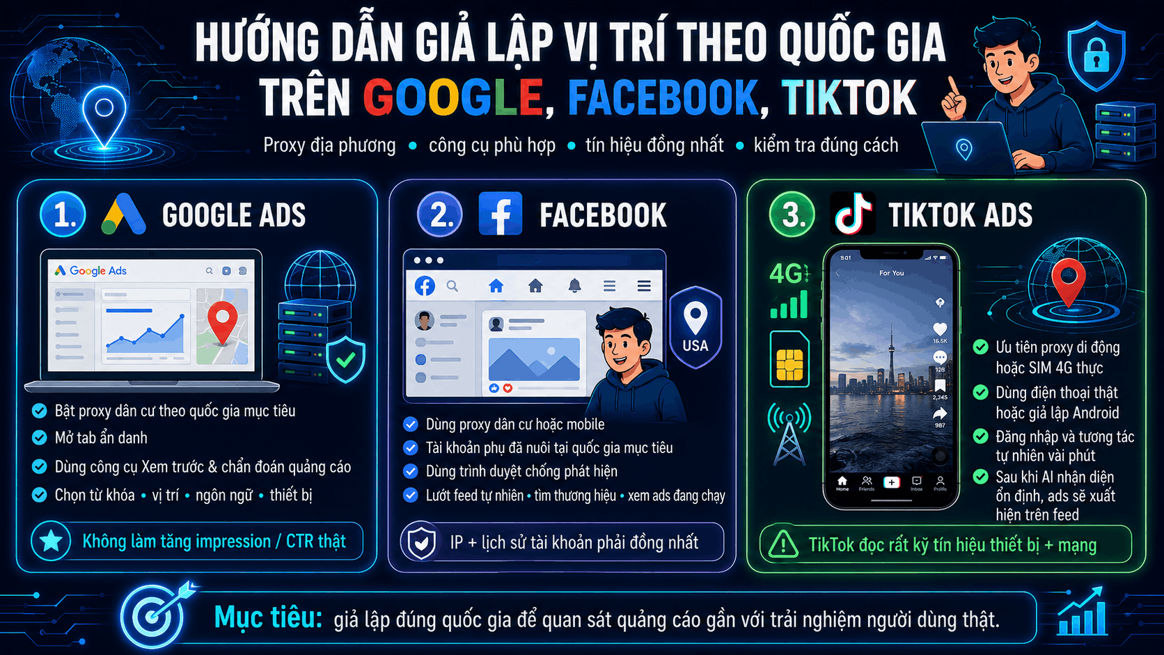 Hướng dẫn giả lập vị tr&iacute; theo quốc gia tr&ecirc;n Google, Facebook, TikTok